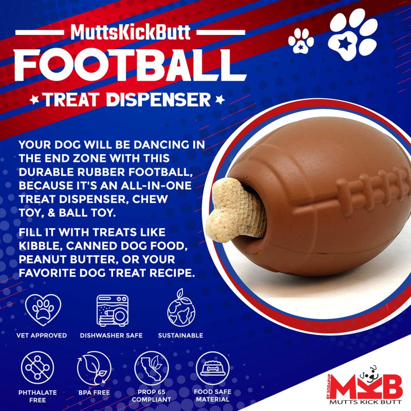 SodaPup MuttsKickButt Football â€“ Durable Dog Treat Dispenser & Chew Toy Made in USA from Non-Toxic, Pet Safe, Food Safe Natural Rubber for Mental Stimulation, Problem Chewing, Calming Nerves & More - Image 3